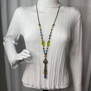 SH necklace burnished gold tones with blue and yellow canary beads jewelry